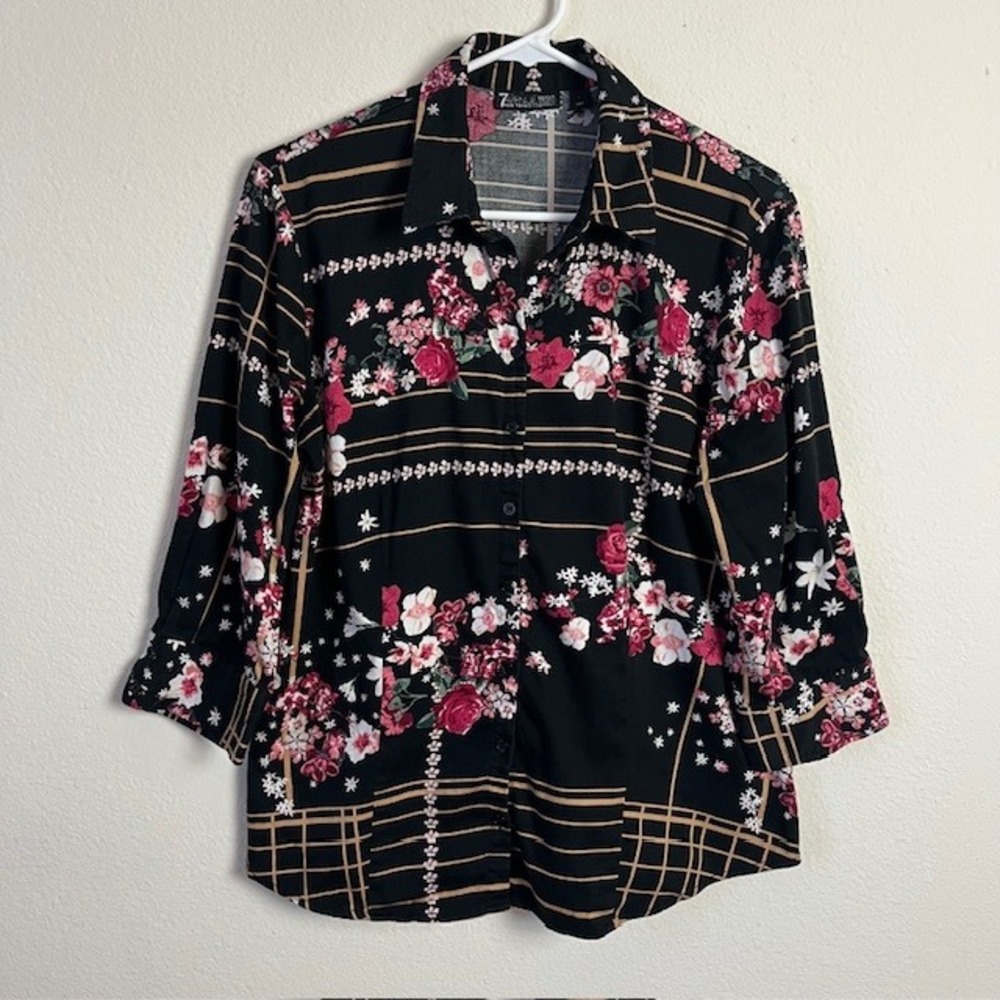 7th Avenue Womens L‎ Design Studio Dark Floral Button Down Top Black Grunge